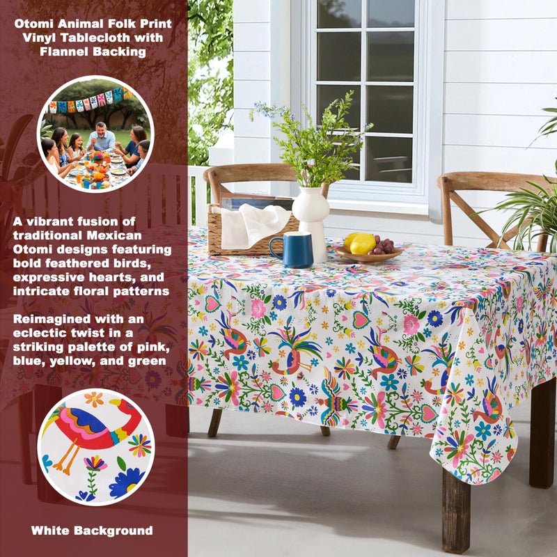 Newbridge Spring and Easter Spring Holiday Otomi Folk Art Vinyl Tablecloth, 60 x 102 Inch Rectangle, Colorful Birds, Hearts and Flowers Print, Flannel Backed Wipe Clean Table Cover for Dining - Image 2